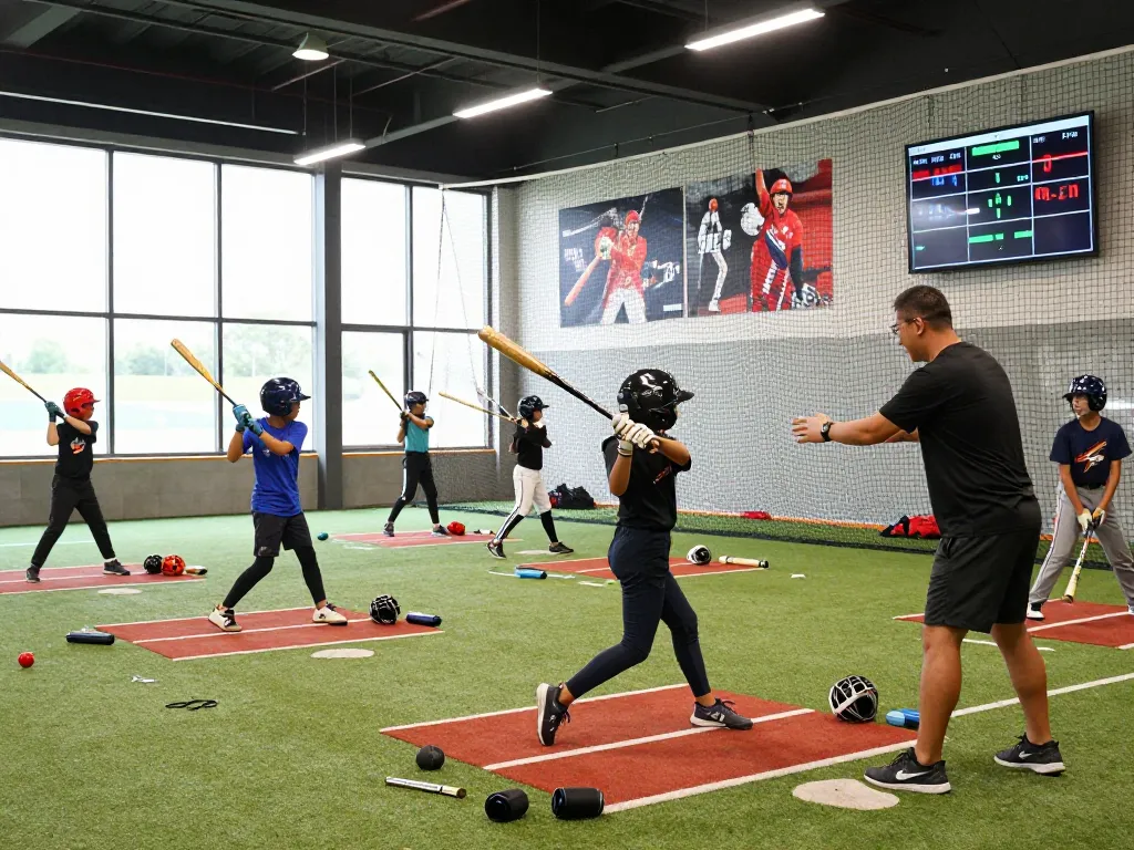 A group of young athletes at hitclub baseball facility improving their swings during a training session.