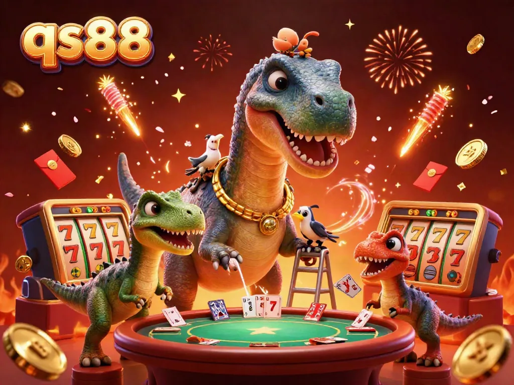 Score big with qs88 in a vibrant, detailed casino scene with playful 3D characters and festive elements.