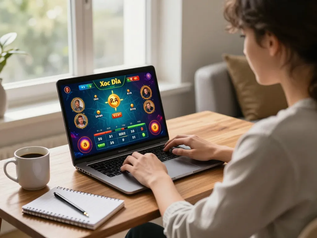 Engaged player enjoying Xóc Đĩa Online in a warm home setup, focusing on strategy and gaming.