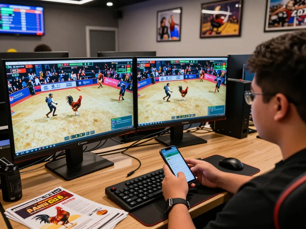 Engaged player at Ga179 online betting setup, showcasing dynamic cockfighting action on screens.