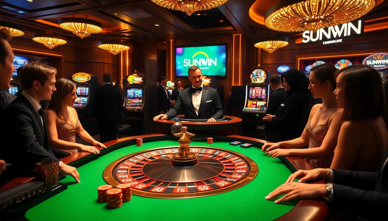 Players placing bets at a SUNWIN roulette table in a luxurious casino atmosphere.