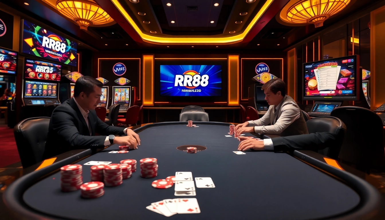 Exciting poker game scene at nhà cái RR88 showcasing professional players and vibrant casino elements.