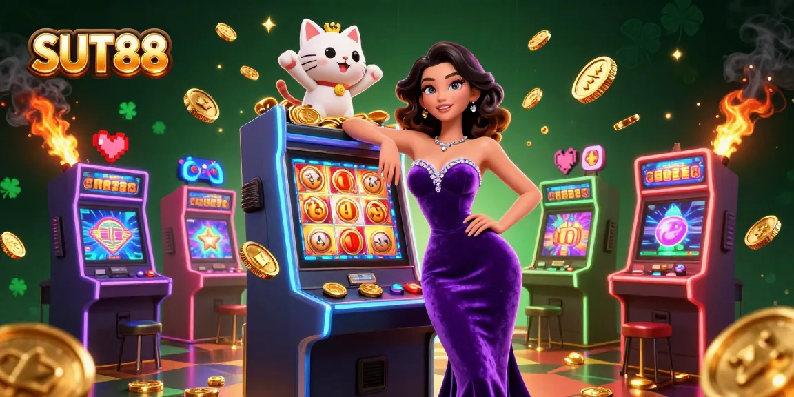 Spin the reels at SUT88 with vibrant characters and a jackpot slot machine in an engaging casino scene.