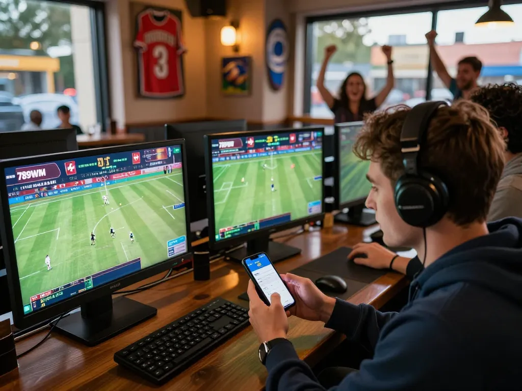 Experience the thrill of live sports betting with 789WIM in a vibrant bar atmosphere.