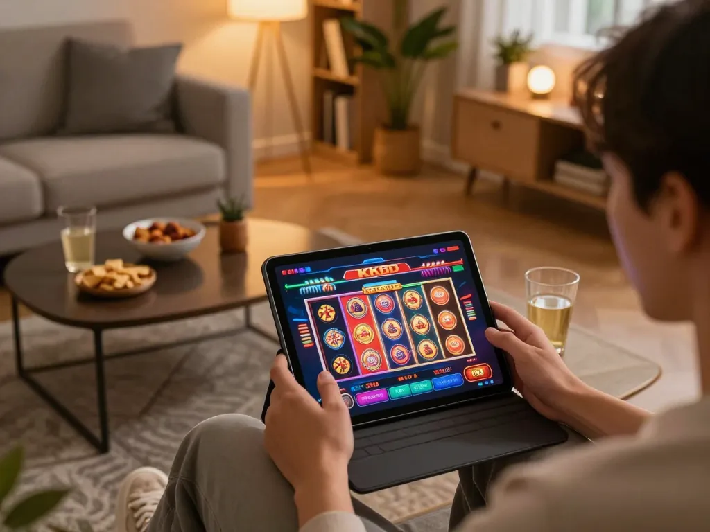 Engaging with the KKBD casino app on a tablet while enjoying a cozy home atmosphere.