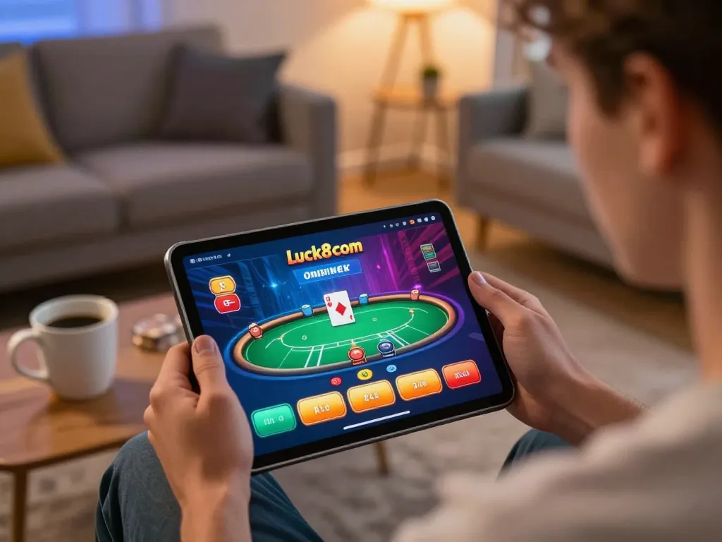 Engaged player using Luck8com on a tablet for online poker while enjoying a cozy home environment.