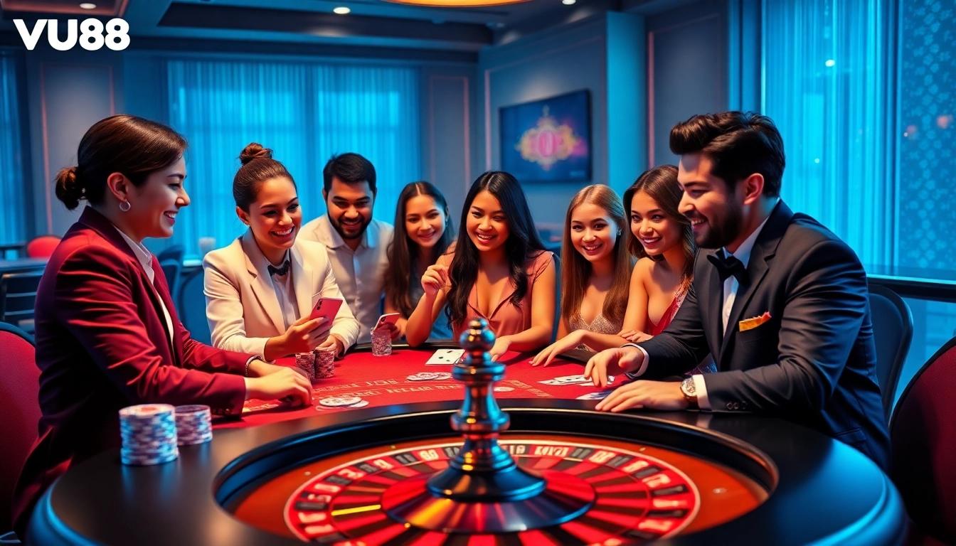 Players winning at VU88's online casino with a vibrant atmosphere, thrilling gambling action.