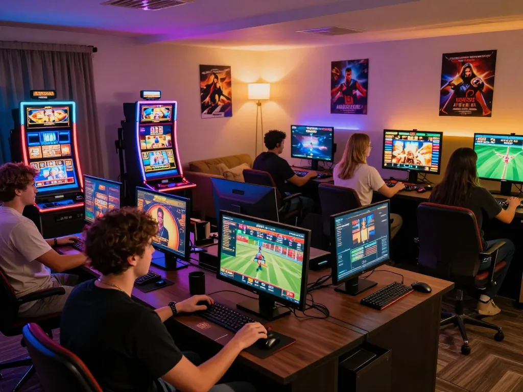 Engaging online gaming community enjoying variety of games on gem88 platform in vibrant home setting.