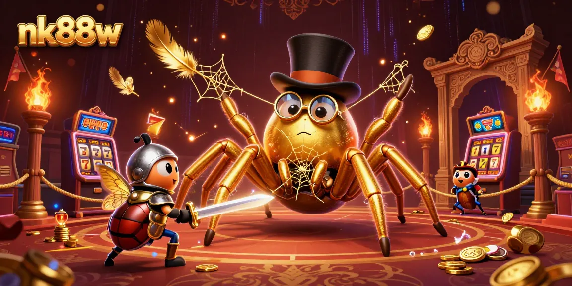 Engage with the immersive casino world of nk88w featuring a giant golden tarantula and brave beetle knight.