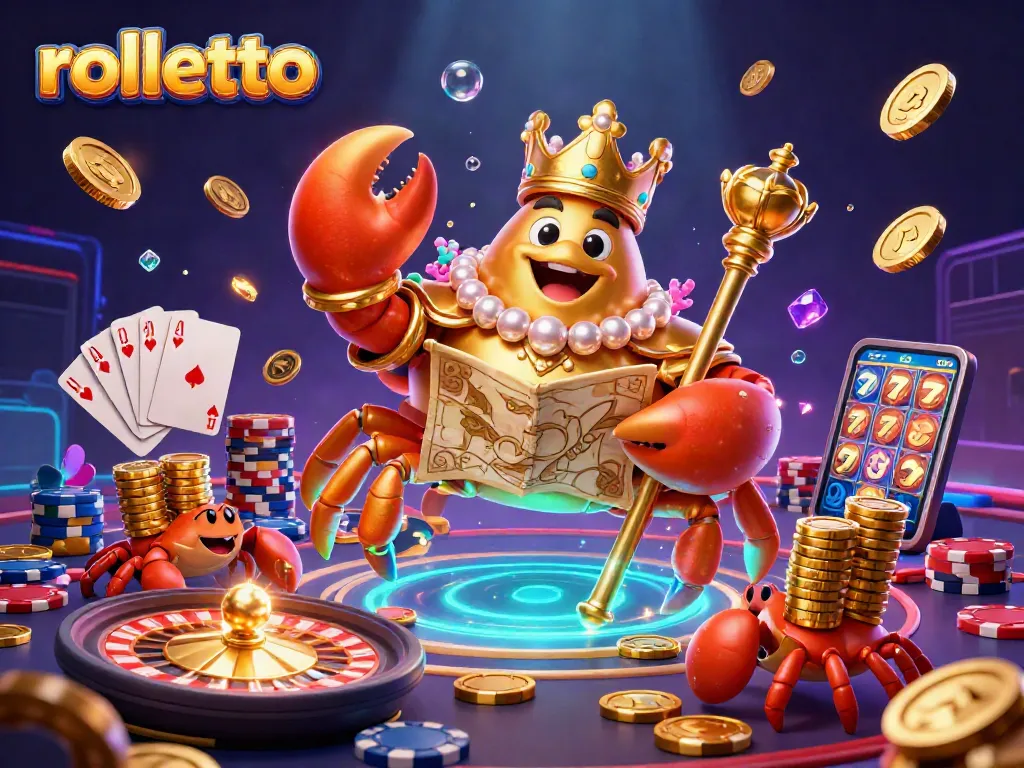Engage with rolletto's dynamic gaming scene featuring a crab emperor amidst coins, cards, and roulette.