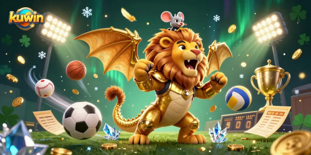 Kuwin highlights thrilling casino action featuring an epic chimera, lively sports balls, and an electric atmosphere.