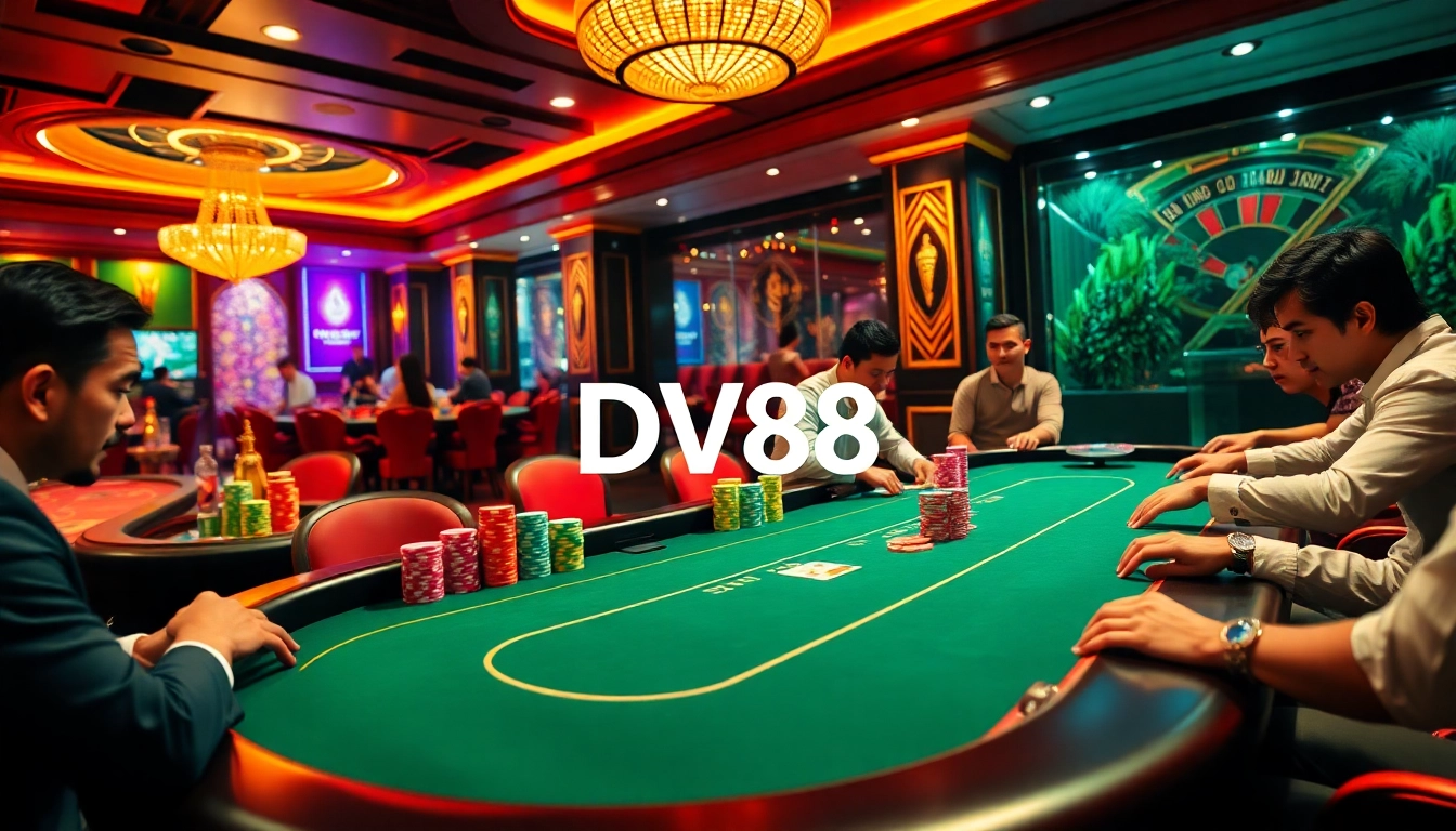 Players enjoying a thrilling poker game at DV88, showcasing luxury and excitement in gambling.