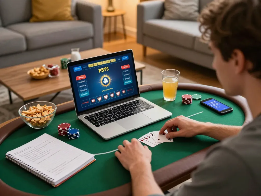 Nagapoker player engaged in an online poker game with strategic notes and snacks in a cozy living room