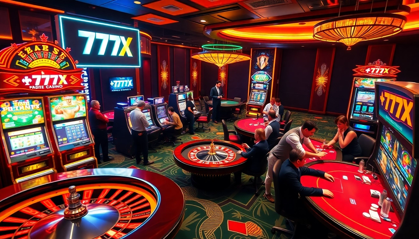 Exciting casino experience at 777X with live poker tables, vibrant slot machines, and thrilled players.