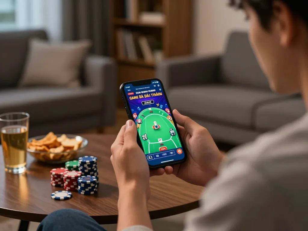 Engaged player enjoying Game Bài Đổi Thưởng on mobile app in a cozy home setting.