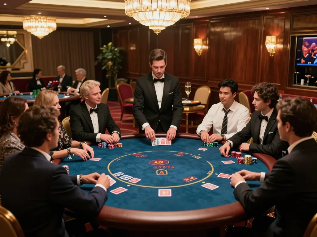 GO8 players enjoying a high-stakes poker game in a luxurious casino setting.
