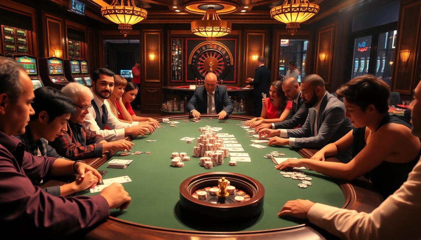 Experience the thrill of professional gambling at BJ38, featuring players at a poker table and a roulette wheel.