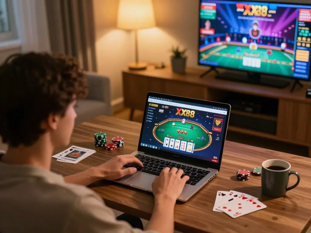 Player enjoying online gaming at XX88 with poker chips and cards on the table
