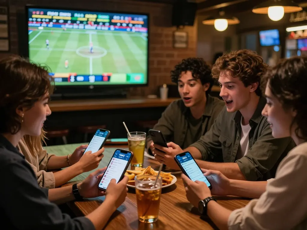 FB88 sports betting excitement at a vibrant bar with friends placing bets