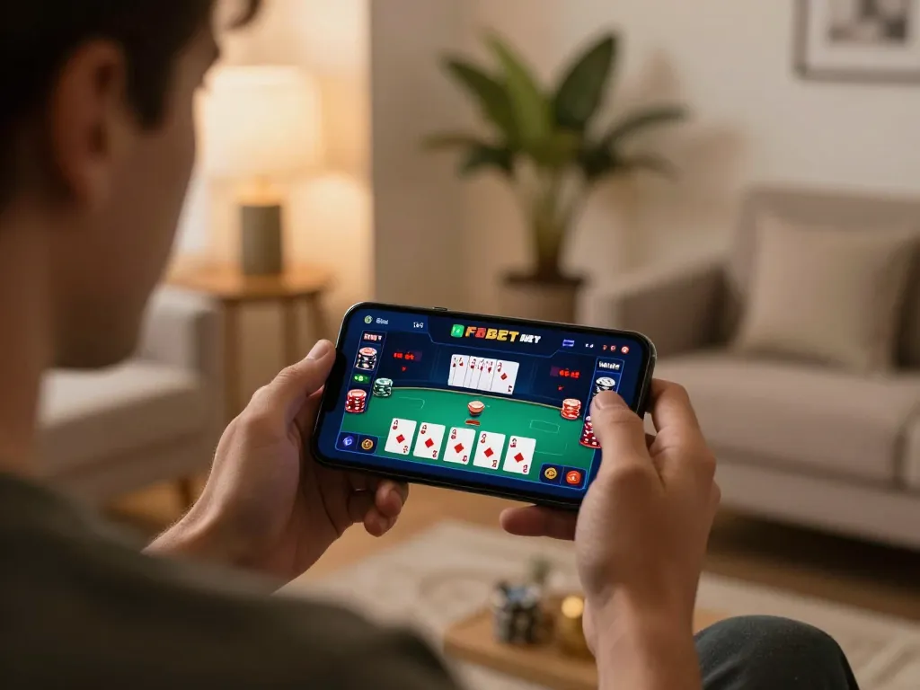 Player engaging with F8BET mobile app for a strategic online poker experience