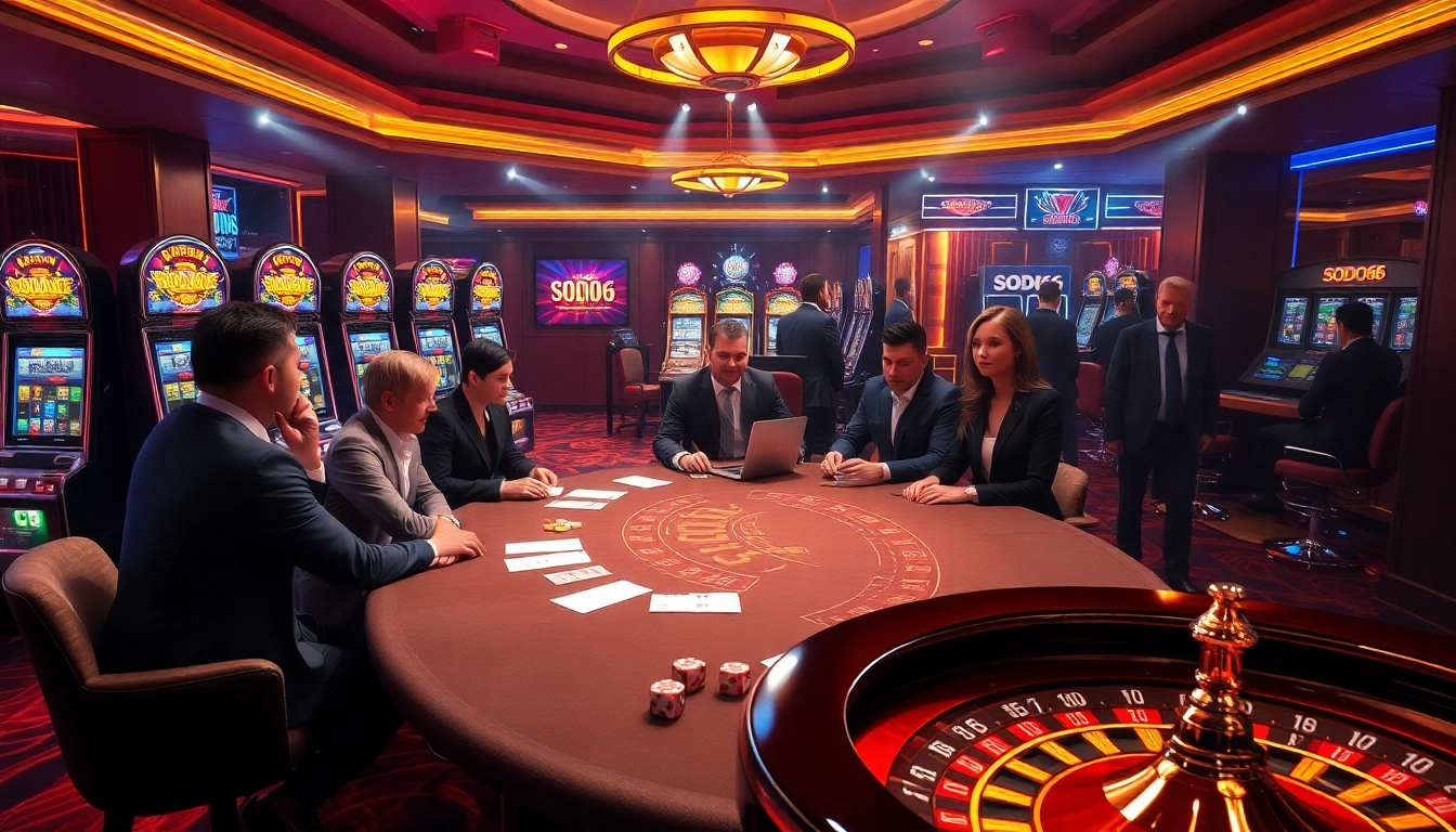 SODO66 poker players enjoying a luxurious casino atmosphere with vibrant slot machines and roulette.