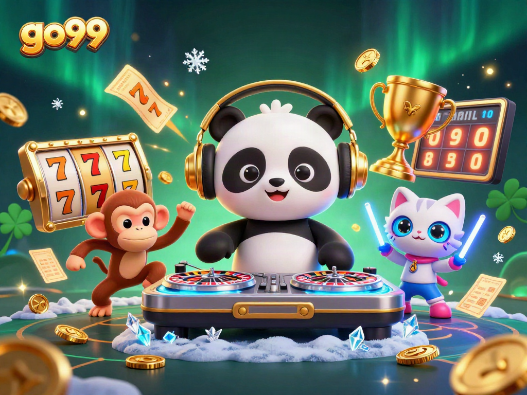 Join the adventure at go99 with a lively and colorful casino-themed scene showcasing fun characters.