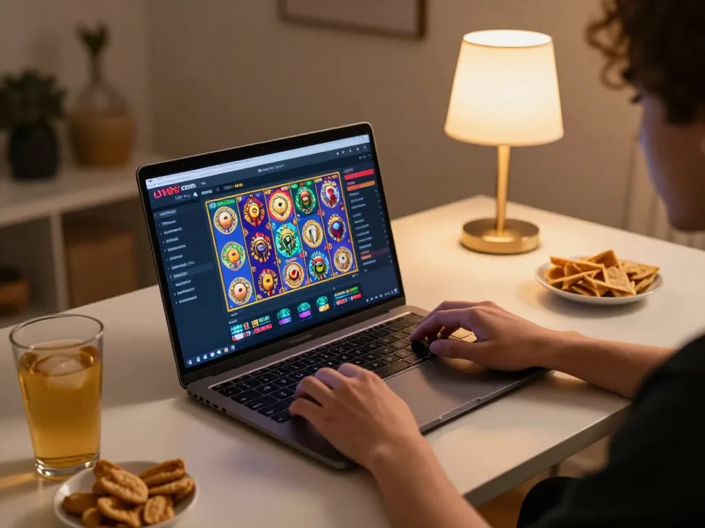 Engaging in dynamic slot games on lv88 com showcased on a modern laptop during a cozy home gaming session