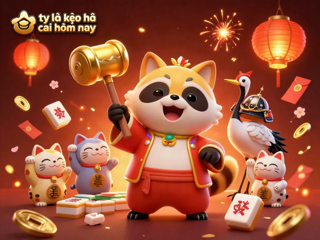 The illustration showcases tỷ lệ kèo nhà cái hôm nay with fun characters celebrating in a vibrant casino-themed setting.