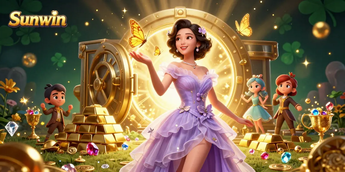 Play thrilling games at Sunwin's vibrant casino, surrounded by lavish treasures and festive excitement.