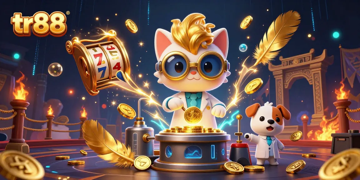 tr88 showcases a vibrant casino scene with a mad scientist cat creating gold coins amid dynamic slot reels and spirited energy.