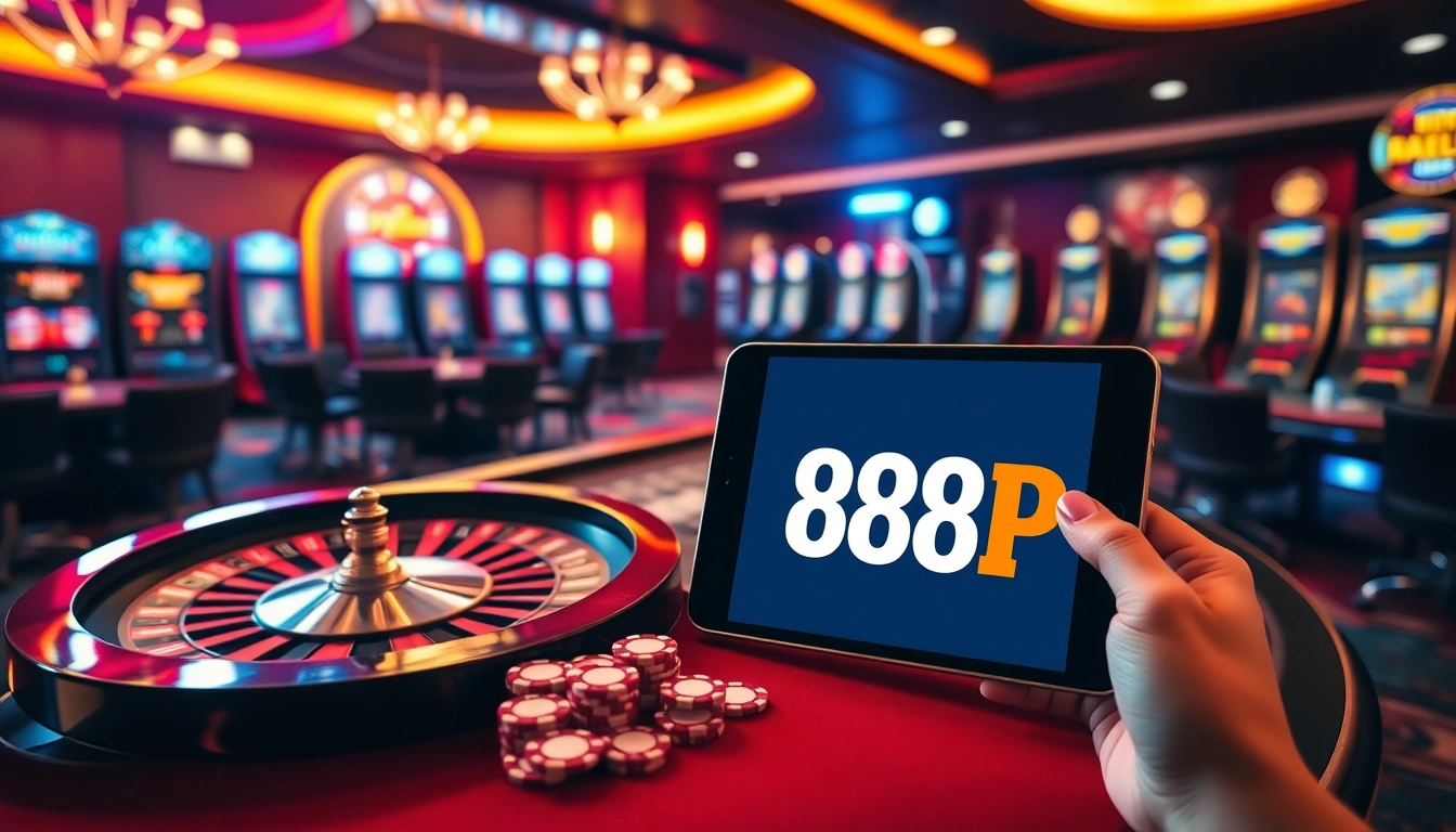 Engaging casino scene highlighting nhacái 888P with poker chips and digital gambling interfaces.