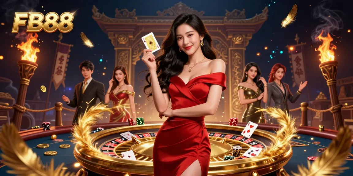Engage with FB88's exciting world of online gambling featuring a glamorous casino scene with elegant gaming elements.