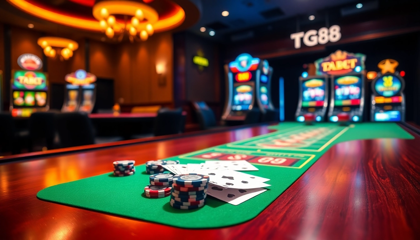 TG88 gamblers eagerly placing bets at an upscale casino table with vibrant poker chips.