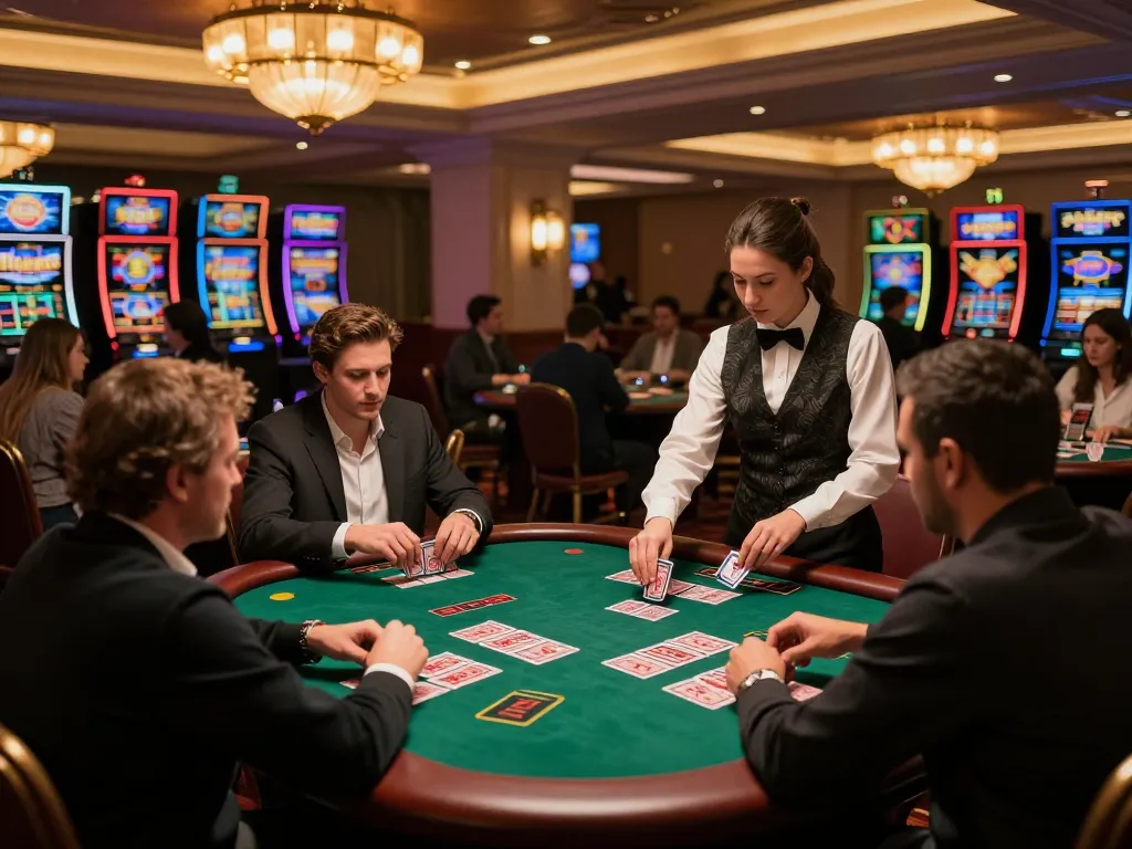 Players engaged in an intense blackjack game at 577F casino, showcasing strategic gameplay and vibrant atmosphere