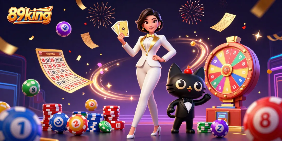 Engage with 89king's vibrant gaming scene featuring a glamorous woman and dynamic lottery elements.