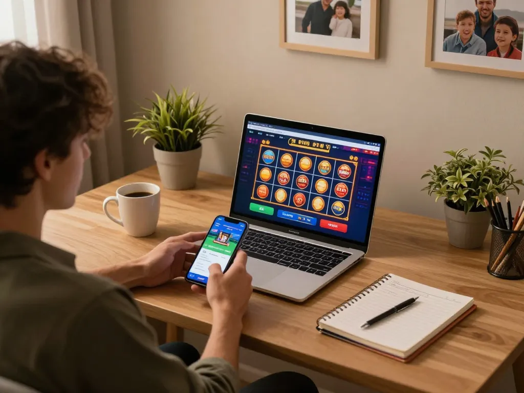 Engaging with 789win online casino games on a laptop while studying betting strategies.