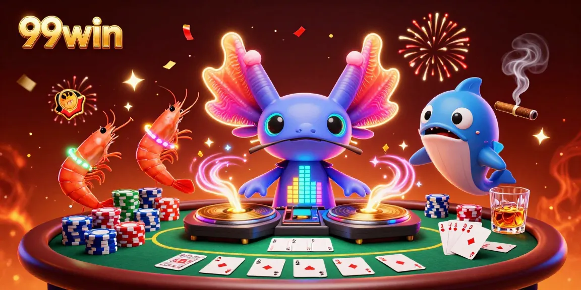 Spin wins with a vibrant 99win casino illustration featuring a DJ axolotl and poker elements.