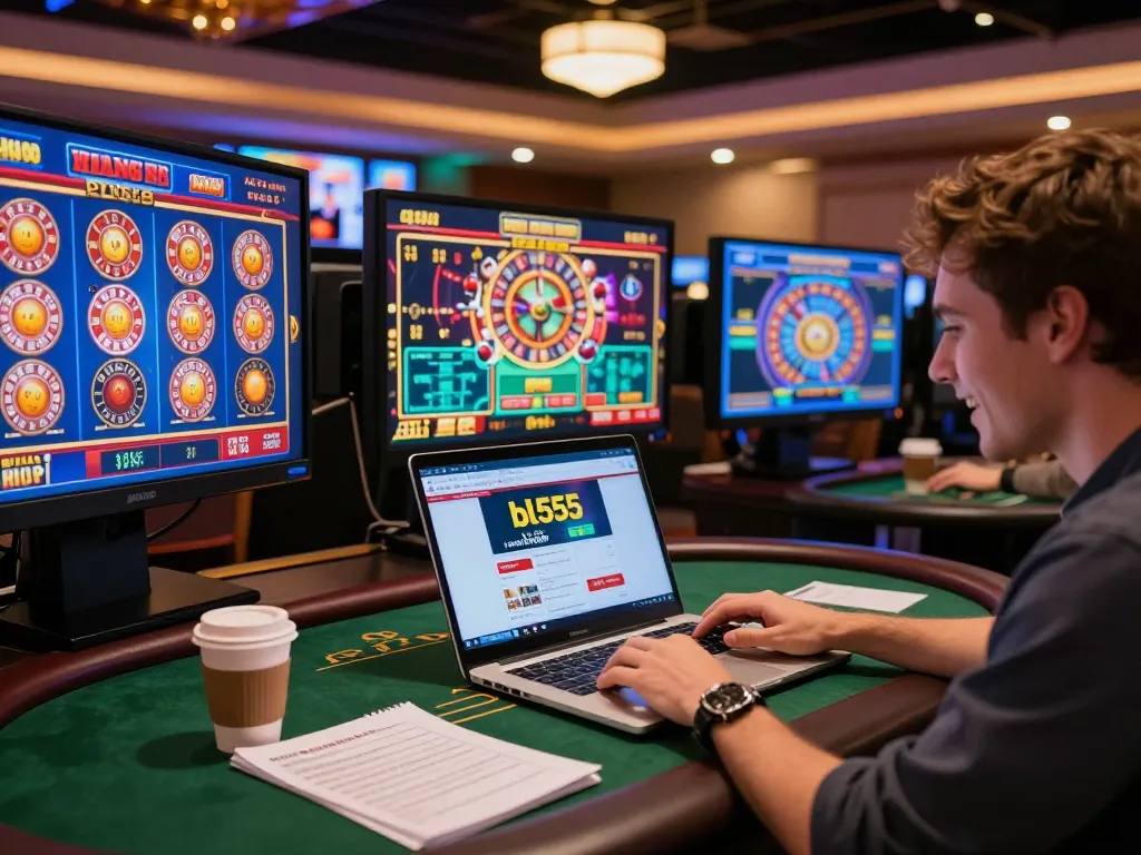 Engaging gaming session at home featuring bl555 đăng nhập on a laptop with various game displays.