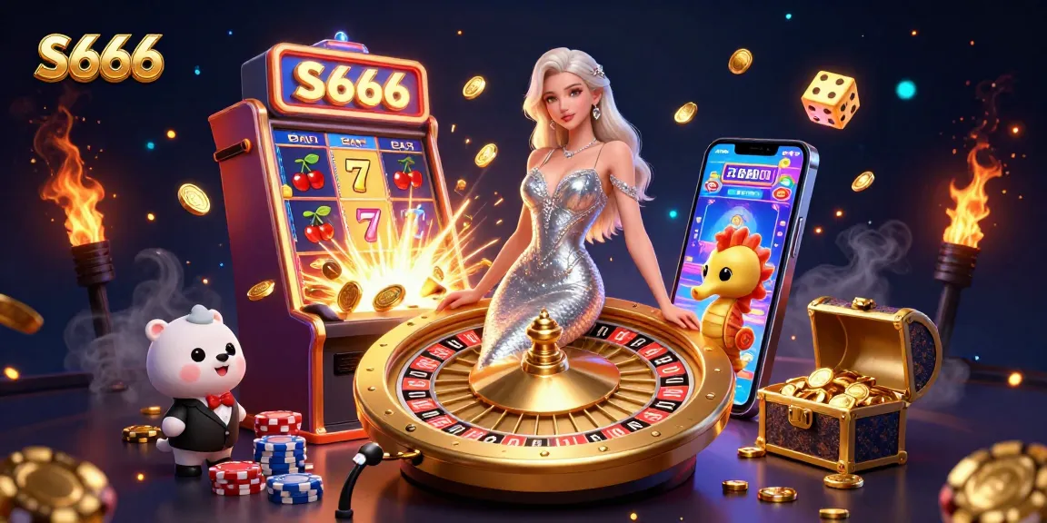 S666 showcases a vibrant 3D casino scene with a glamorous woman, roulette wheel, and casino elements.