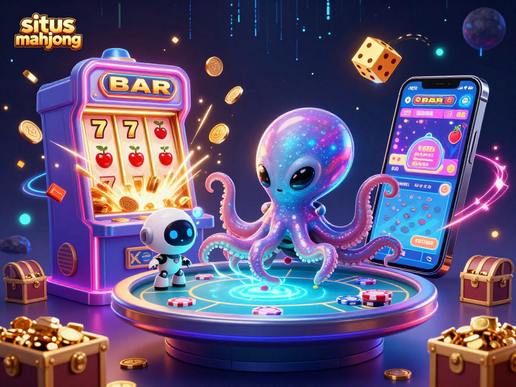 Engage with situs mahjong in an energetic 3D casino scene featuring an alien octopus and vibrant game elements.
