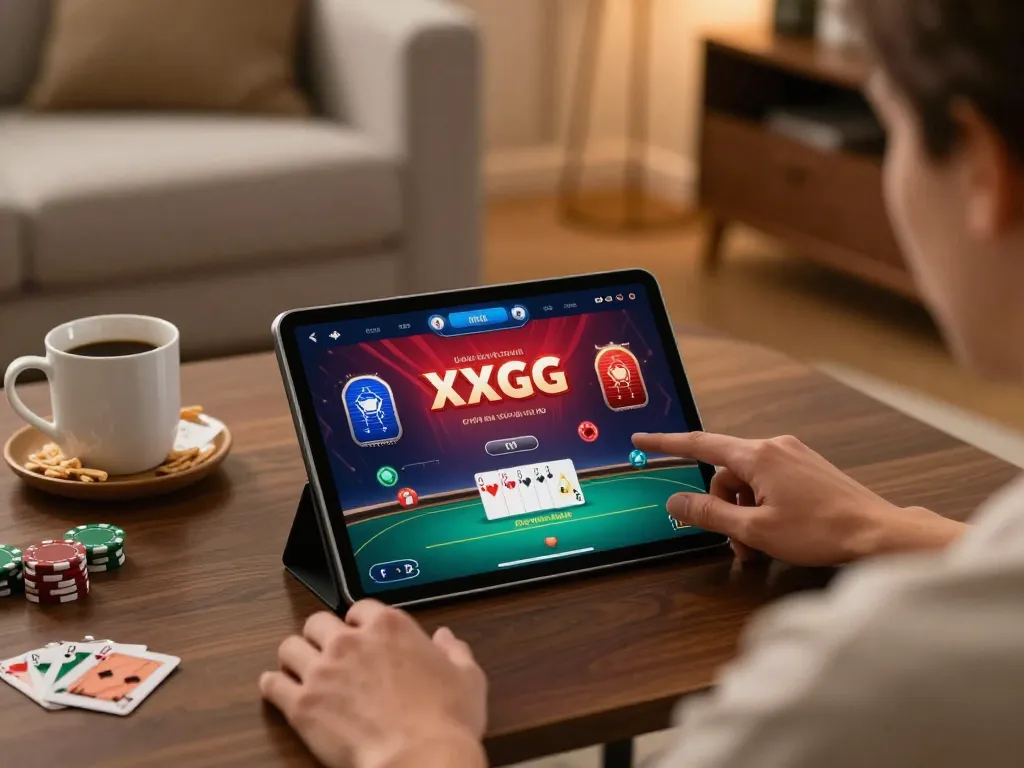 Person enjoying the XXGG app on a tablet for an engaging poker experience in a cozy home.
