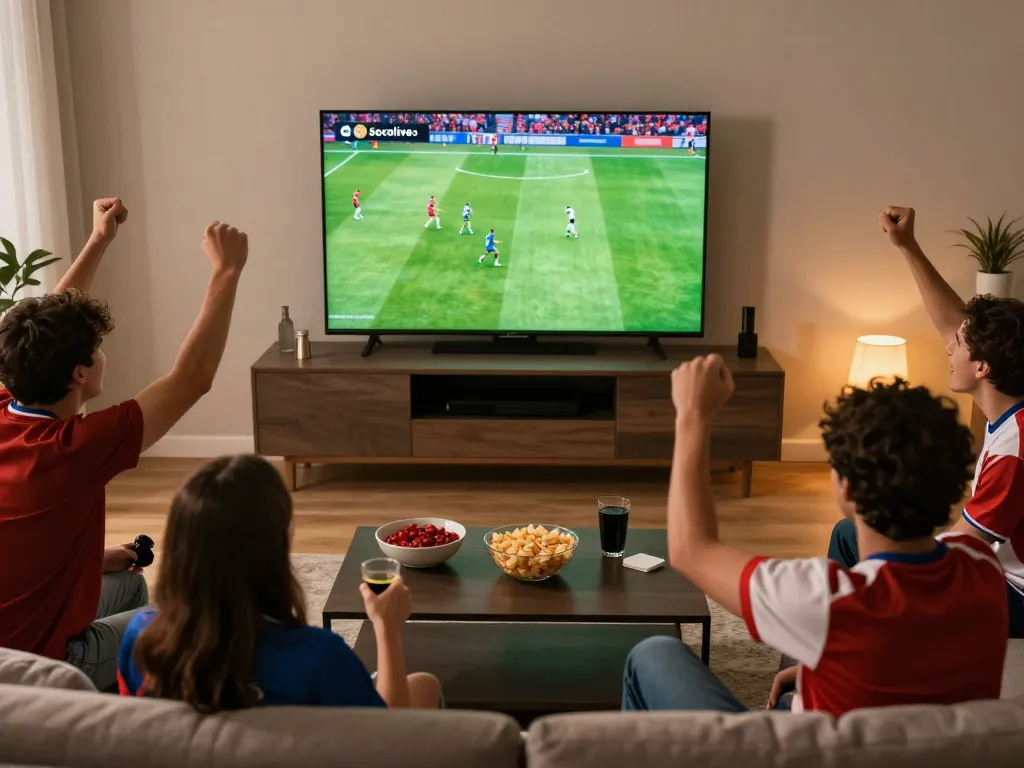 Socolive live football match streaming enjoyed by friends in a cozy home setting, creating an engaging social atmosphere.