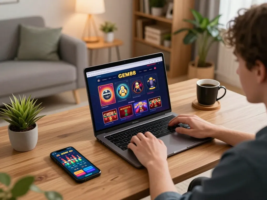 GEM88 casino gameplay on laptop, showcasing strategic online betting experience in a home setup.