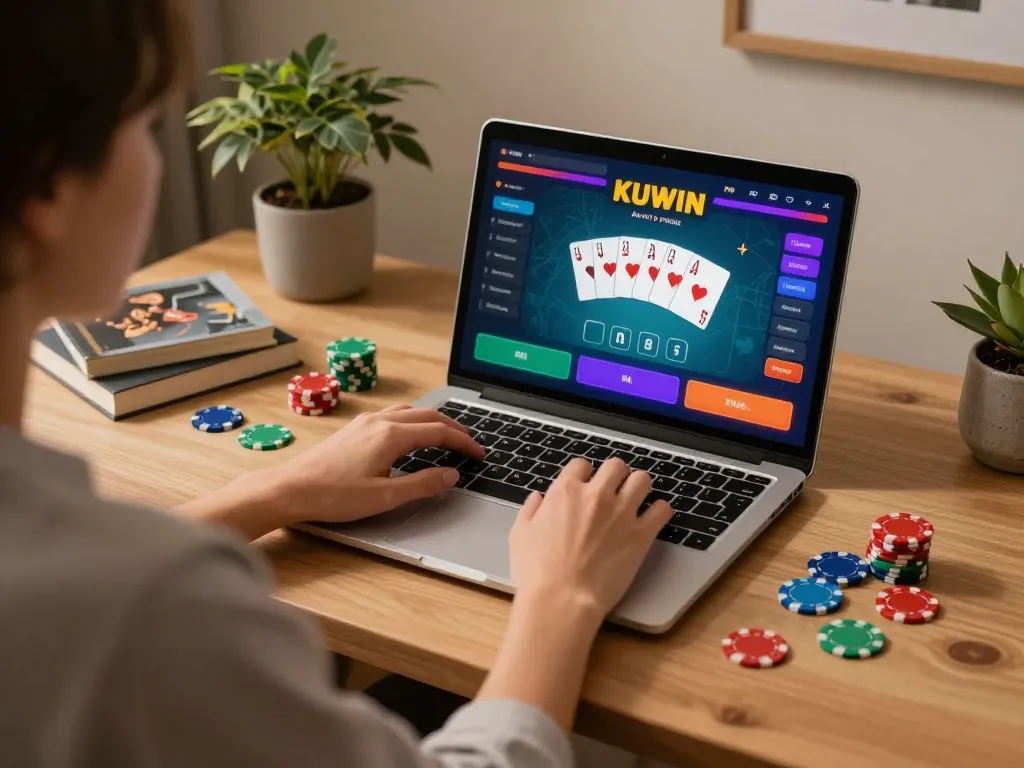 Player engaging in exciting KUWIN online casino poker game at home workspace