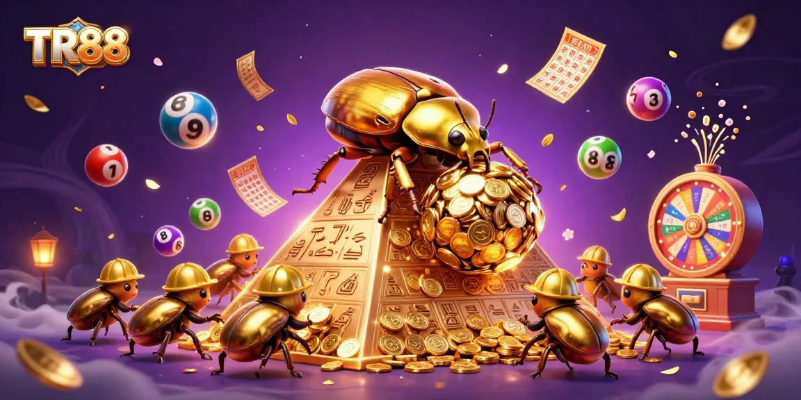Engage in TR88 gaming with colorful lottery elements and energetic beetles amidst a casino backdrop.