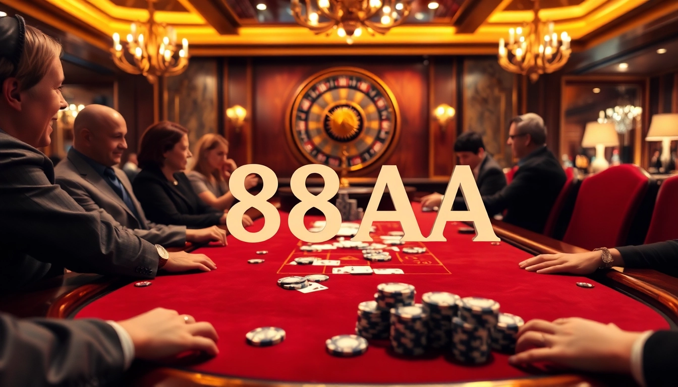 Excited players engage in blackjack at 88AA casino table, sparkling with luxury.