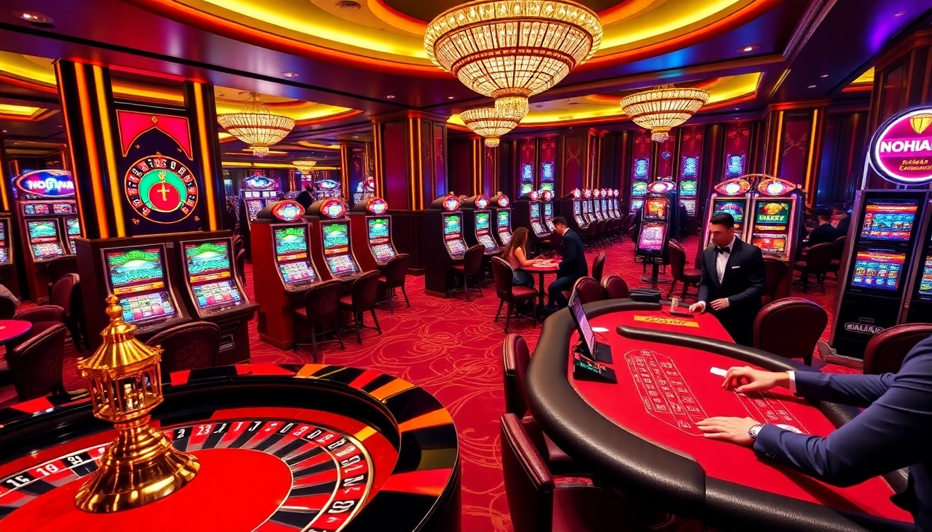 Players enjoy a high-stakes game at NOHU90 casino tables, surrounded by luxurious decor and excitement.