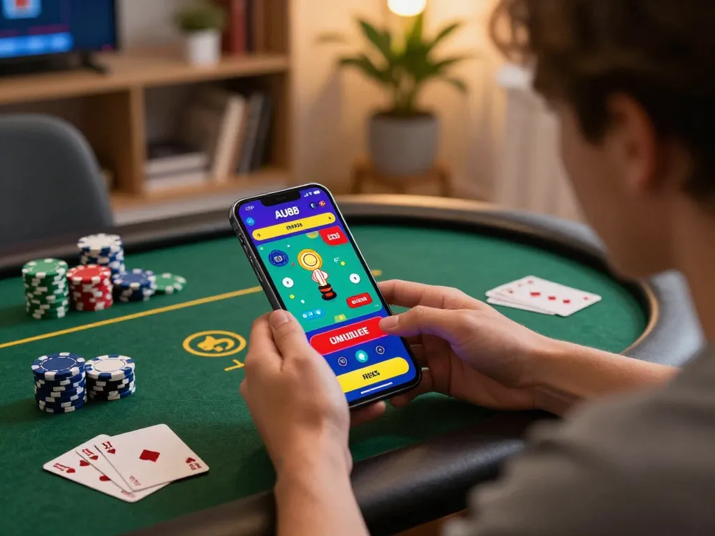 Engaging user exploring AU88 mobile app for poker betting within a cozy gaming setup.