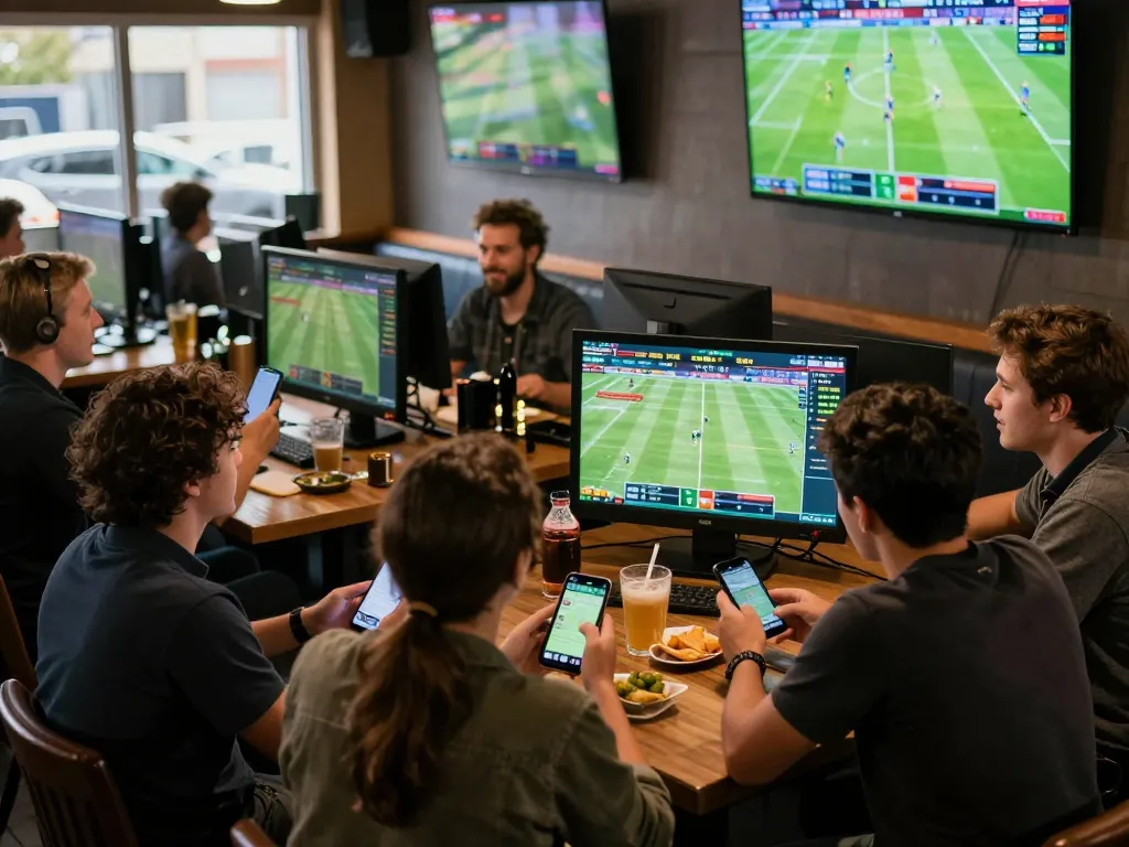 Engaged sports fans betting on Okwintv while enjoying live football matches in a spirited setting
