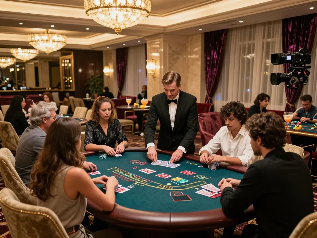 Action-packed scene at HITCLUB's VIP blackjack table, with players focused and dealer engaged in charming setting.
